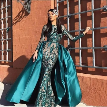 Arabski Sequined Morska Deklica Večerne Obleke S Snemljivo Krilo Dolgimi Rokavi, Zelene Formalno Stranko Halje Za Ženske Muslimanskih Prom Oblačenja
