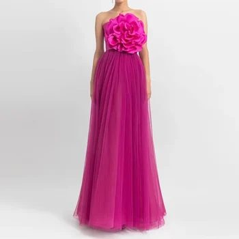 Dolgo 3D Cvetje Večerne Obleke za Ženske, Til Tla-Dolžina A-Linije Elegantne Prom Stranka, Posebne Dogodke, Poroke, Gala Gost 2023