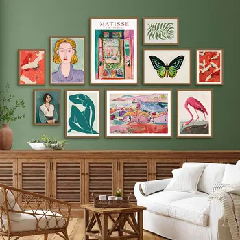 Henri Matisse Žerjav Ptica Metulj Mačka Cvet Roza in Zelena Eklektična Wall Art Slikarsko Platno Poster Tiskanje Slik Soba Dekor