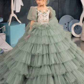 Zabuhle Zeleno Cvet Dekle Obleko Precej Aplicirano Čipke Til Princesa Prvo Obhajilo Obleko Otroka Stranki Poroka Obleke