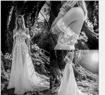 2020 Novo Linijo Poročne Obleke Off Ramo 3D Cvetlični Appliqued Čipke Poročne Halje Zamah Vlak Til vestido de novia