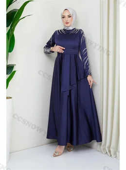 Saten Beaded Muslimanskih Večerne Obleke Z Dolgimi Rokavi Hidžab Islamske Formalno Stranko Obleke Ženske, Visoko Vratu Arabski Dubaj Haljo De Soiree