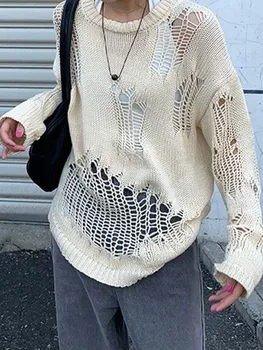 Votlo iz bele imitacije stare kvačkanje Harajuku oblačila Harajuku estetske pletenje jeseni dolgo oplaščeni 2023 ženski pulover