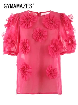 GYMAMAZES Gube Mozaik Cvetlični Majice Za Ženske okoli Vratu Kratek Rokav Priložnostne Svoboden Poletje Bluzo Ženskih Modnih Oblačil Nova