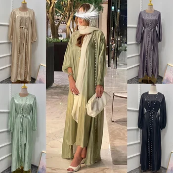 2 Kos Dubaj Odprite Abaya Saten Muslimanske Ženske Notranje Maxi Obleka Komplet Turčija Tam Kaftan Islamske Eid Stranka Maroko Arabski Haljo Jalabiya Obleke