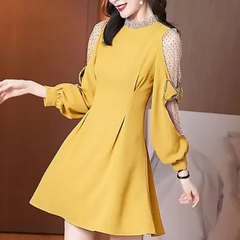 2023 Pomlad Poletje Nove Ženske obleke korejski Tančico Luč Sleeve Solid Color Obleko Bowknot Vroče Diamond A-line Krilo Obleke Ženske