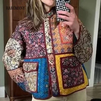 2023 Etnične Ženske Quilting Svoboden Retro Suknjič Vrhnja oblačila Jesensko Zimske Kontrast Barve Cvet Tiskanja Stojijo vratu Prešite Plašč
