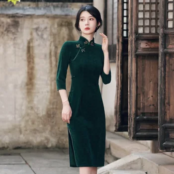 Vintage Zelena Seksi Slim Sredine Dolžina Cheongsam Ženske Oversize Kitajski Obleko Mandarin Ovratnik Elegantno Stranke Obleke Klasičnih Qipao