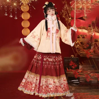 Kitajski Hanfu žensk Ming slog kvadratni izrez pol sleeved plišastih konj obraz krilo za Novo Leto pozdravi, zimska oblačila