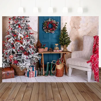 Božič temo Ozadje Fotografije lesena tla Hiša wreathv Ozadje za Foto Studio Božično drevo Darilo Stol Photocall