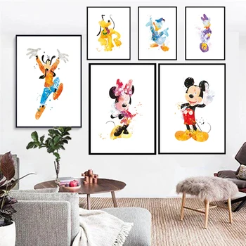 Akvarel Disney Mickey Mouse in Minnie Platno Stensko Slikarstvo Umetnost Risanka Donald Daisy Raca Neumen Pluton Plakat za Dom Dekor