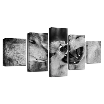 OKHOTCN Uokvirjena Sodobne Platno HD Tiskanje Plakata, Dnevna Soba Črno Bela Slika 5 Kosov Živali Volk Slike Doma Dekor Wall Art