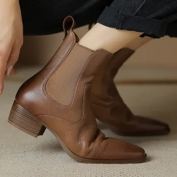 Ženske pravega usnja elastična slip-on jeseni gleženj škornji kvadratni toe visoke kakovosti mehko udobno kratek škorenjčki čevlji ženske