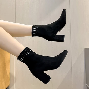 Moda Kvadratni Toe Ženske Čevlje 2023 Pozimi Visoke Pete Lady Gleženj Škornji Preprosto Črno Delo Urada Dame Čevlji Zapatos Mujer