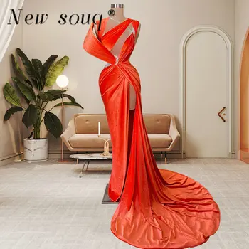 Seksi Visoko Split Oranžna Žamet Večerne Obleke za Črno Dekleta 2023 Dubaj izrežemo Dolgo Sirena Party Halje Plus Velikost
