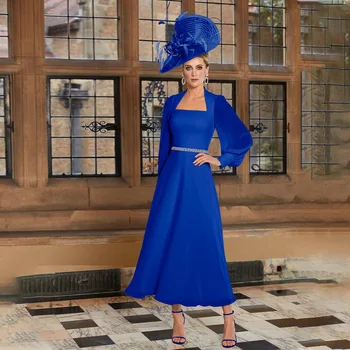 Temno Kraljevsko Modra Mati Nevesta Obleke za Poroke 2023 Šifon Midi Linijo Dolgo Zabuhle Rokavi Ženske ' s Wedding Guest Oblek