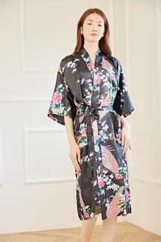 Plus Velikost XXXL Kitajskih Žensk Dolgo Haljo Tiskanja Cvet Pav Kimono kopalni plašč Obleke Nevesta Družico Poroke, Oblačilih, Seksi Sleepwear
