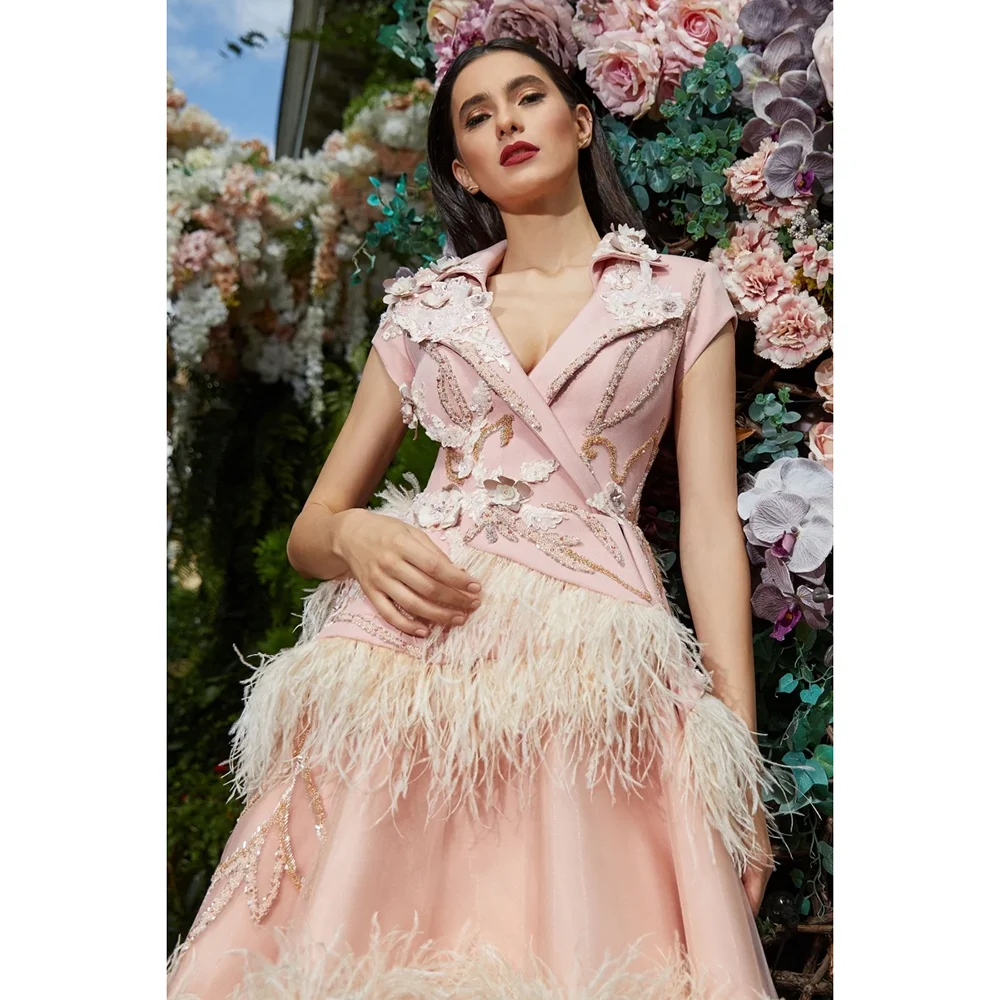 Eleganten V-izrez Cvetlični Obleke za Maturantski Moda Pero Tassel Pleat Gleženj Dolžina Halje Luksuzni Formalno A-Line Večer Stranka Obleko 1