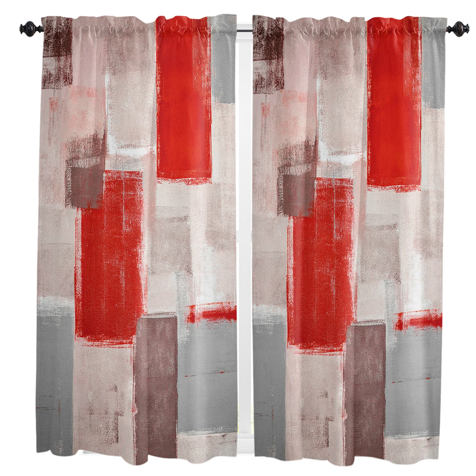Oljna Slika Abstraktne Geometrijske Rdeče Zavese Dom Dekoracijo Dnevne Sobe Kratke Zavese Zdravljenje Okno Za Kuhinjo Spalnica 0