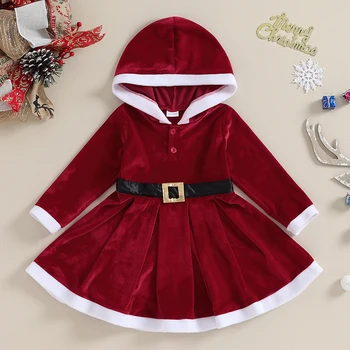 Božič Baby Obleko Za Dekle z Dolgimi Rokavi Ruffle Obleko Hooded Mozaik A-line Obleko za Stranko