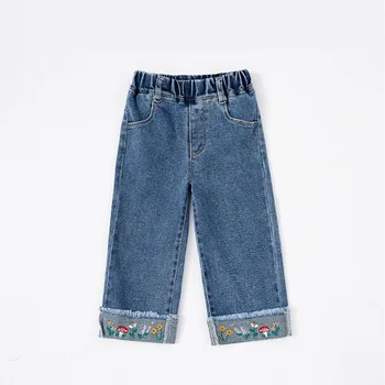 Dekle oblačila hlače 2024 jeseni nov izdelek kavbojke srčkan priložnostno hlače za dekleta barva jeansa širok noge hlače