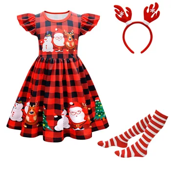 2023 Otrok Dekleta Božič Boutique Oblačila Toddlers Božič, Priložnostne Obleko Kariran Vzorec Z Vtičnico In Glavo