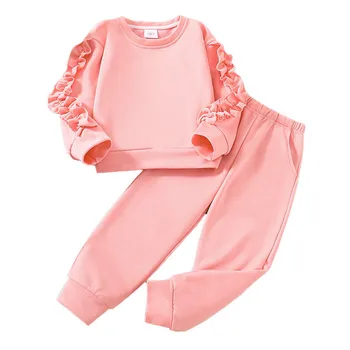 Pink Girl Otroci Trenirko Nastavite Ruffle Long Sleeve Majica Sweatpant Jesen Pomlad Športnih Nositi Oblačila,