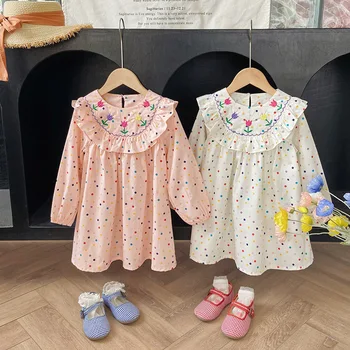 Južna Koreja otroška oblačila barve val pika vezenje dekleta obleko 2023 jeseni ogrlicom dolg rokav otrok krilo