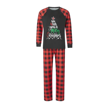 Božič Družinski Pižamo Ujemanje določeno Črko Tiskanja Dolg Rokav Vrhovi in Kariran Hlače Sleepwear
