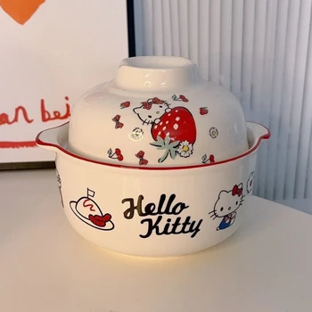 Sanrio Moja Melodija Keramične Posode s Pokrovom Hello Kitty 2-v-1 Kosilo Skledo Instant Rezanec Bowl Microwavable Posodo