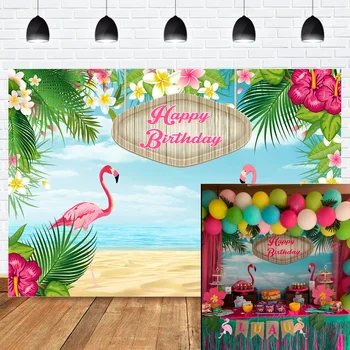 Happy Birthday Flamingle Flamingo Hawaiian Rojstni Banner Ozadje Tropski Plaži ali Aloha Stranka Sladica Tabela Kulise