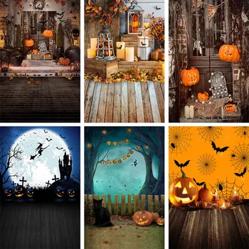 Happy Halloween Ozadje Dvorišče Pumpkin Lantern Luna Lesena Tla Otrok Rojstni Dan Fotografije Ozadju Foto Studio Photophone