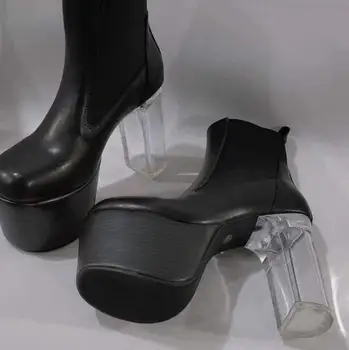 Črna Mehka Pravega Usnja Punk Stil Krog Toe 7 CM Platforma Chelsea Gleženj Škornji Ženske 120 mm Prozorni Kvadrat Petah Čevlji