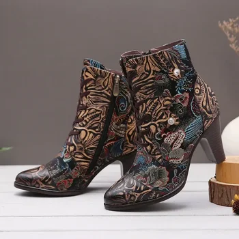 Krasovki 7cm Čevlji za Ženske Jeseni Oblikovalec Vezenje ZIP Plus Velikost Etničnih Obrti Žakarske Tkanine Pravega Usnja Pomlad Čevlji