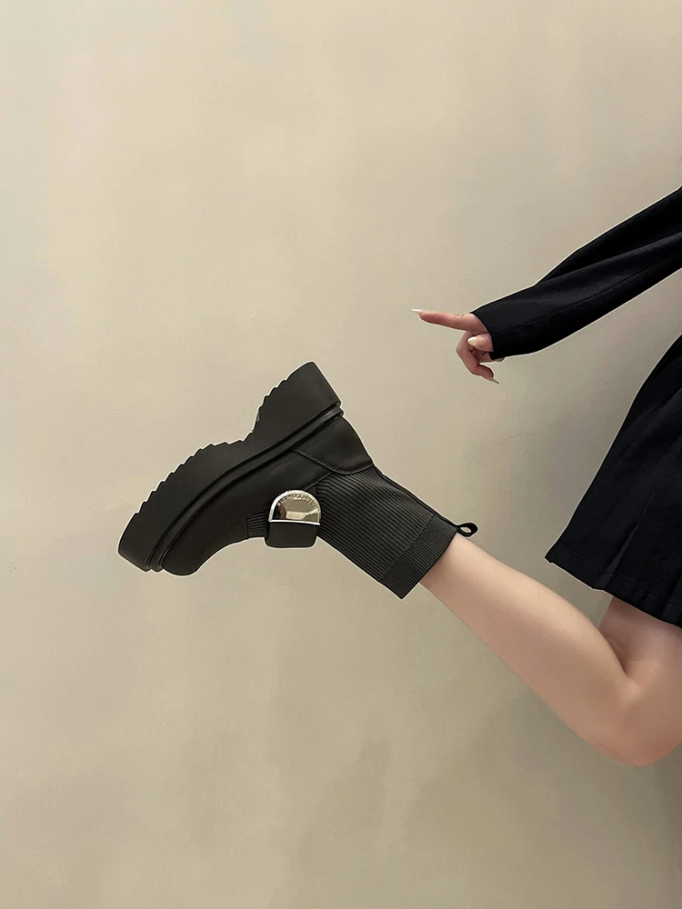 Rock Čevlji Ženska Gumijaste Škornje Luksuzni Oblikovalec Čevlji-Ženske Krog Toe Ravno Pete Dež Moda 2023 Elegantno Jeseni Nogavice Lolita 0