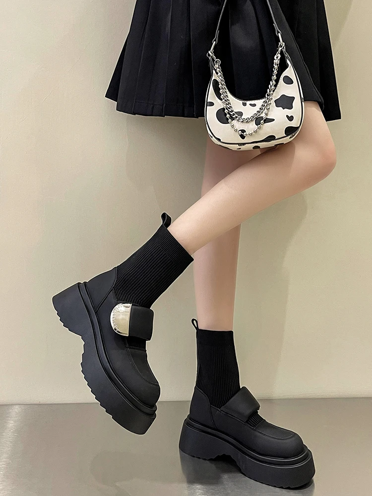 Rock Čevlji Ženska Gumijaste Škornje Luksuzni Oblikovalec Čevlji-Ženske Krog Toe Ravno Pete Dež Moda 2023 Elegantno Jeseni Nogavice Lolita 5