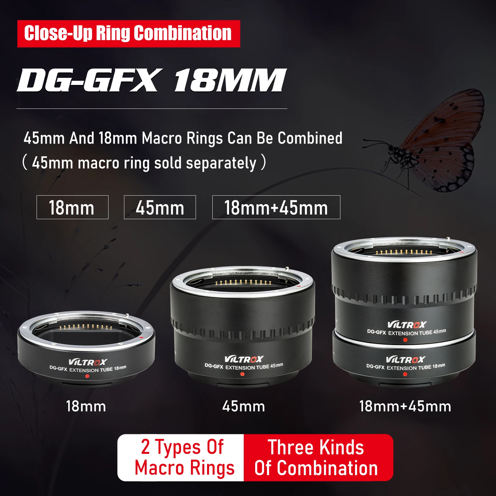 Viltrox GD-GFX 18 MM 45 MM Auto Focus Makro Razširitev Cev Objektiva Adapter Ring za Fujifilm G-Mount Kamera, Objektiv GFX50S GFX50R GFX100 1